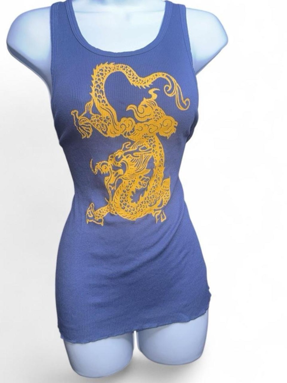 Y2K dead-stock Blue Dragon-Print Ribbed Tank Top - Unbranded